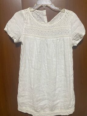 Under Skies White babydoll summer linen mini dress -lace trim eyelet detailing M